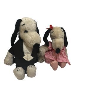 Vtg 1968 Snoopy Plush Tuxedo 20" and 16" Belle Girl Plush Pink Dress Dog Lot